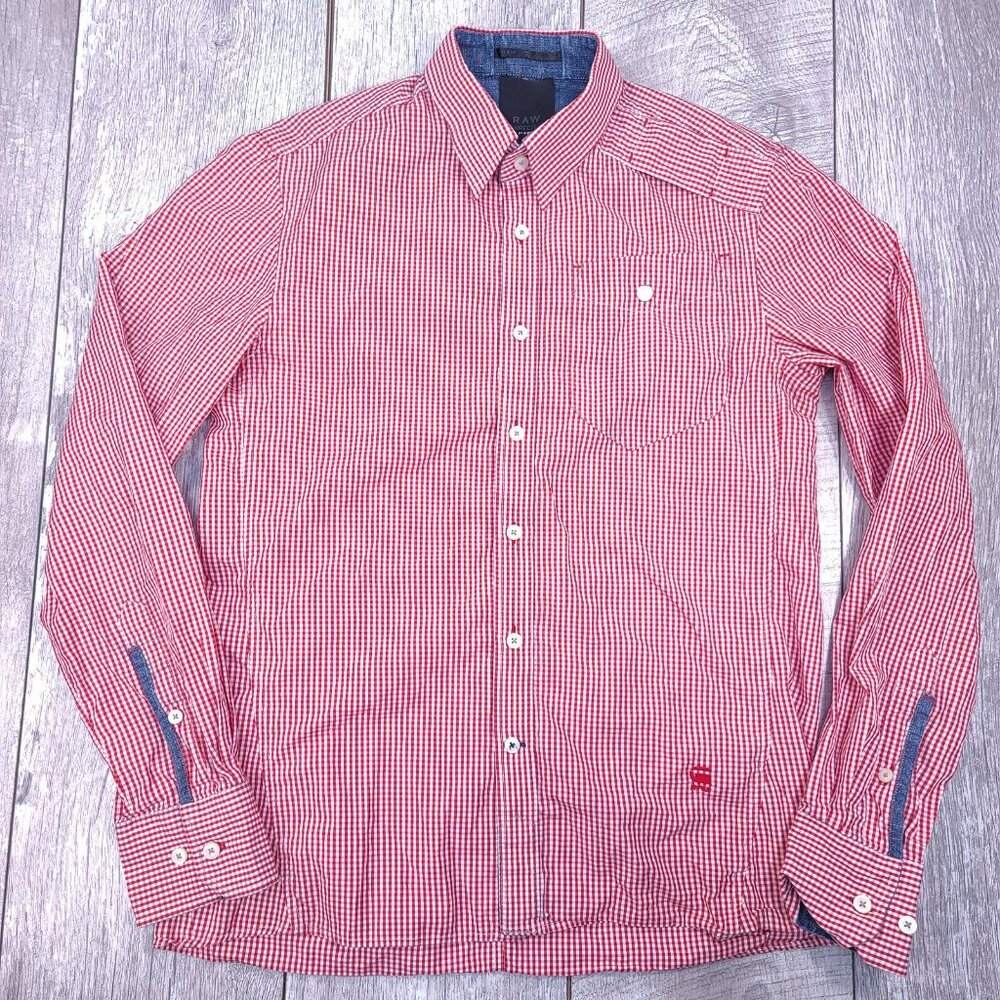 G-Star Raw Mens Yale 3D Shirt Size Medium Red Check Button Up Cotton Long Sleeve